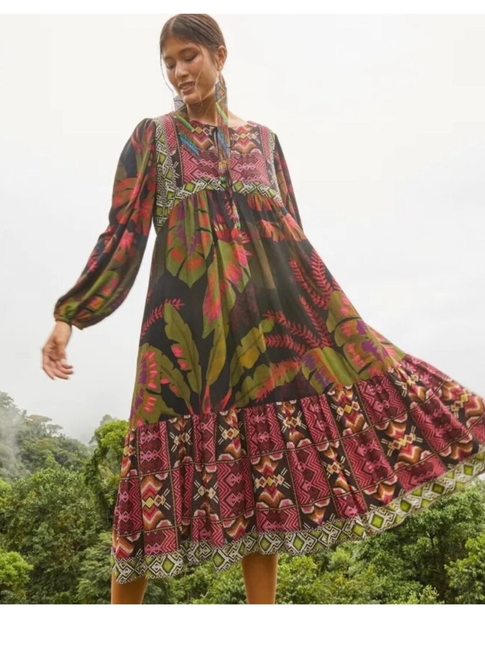 FARM Rio Black Maxi Dress with Pink & Green Tropical Print boho Vibes - Picture 1 of 11